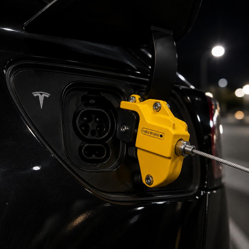 Yellow JOLT release actuator mounted on a Tesla charge port at night